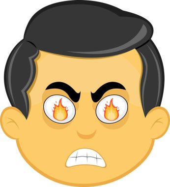 Sarı emoji erkek vektör çizimi, öfkeli bir ifade ve gözlerinde ateş alevi var.