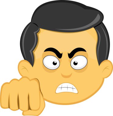 Vektör illüstrasyon sarı emoji karakter erkek, kızgın bir ifade ve yumruk tokuşturma