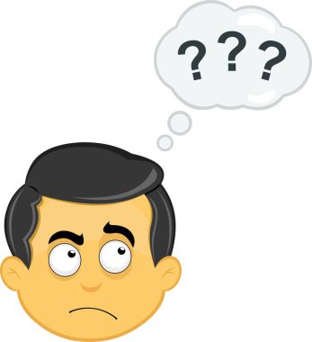 Vektör illüstrasyon sarı emoji karakter erkek, şüpheli bir ifade ve soru işaretli bir düşünce bulutu