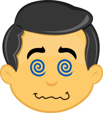 vector illustration yellow emoji character male, hypnotized or drugged with spiral shaped eyes clipart