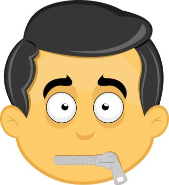 Vektör illüstrasyon sarı emoji karakteri erkek, ağzında fermuar olan sessizlik kavramı.