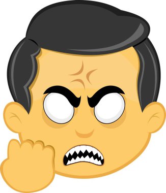 Vektör illüstrasyonu sarı emoji karakteri erkek, kızgın ifade kavramına sahip beyaz gözlü, keskin dişli ve el intikam hareketli
