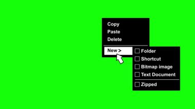 video animasyonu siyah ve beyaz simge indirme menüsü ve bilgisayar fare imleci yeşil renkli bir arkaplan üzerinde yeni dizin seçeneğini seçiyor