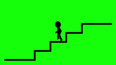 Video animasyonu siyah stickman yeşil renkli anahtar arka planda merdivenlerden aşağı iniyor.