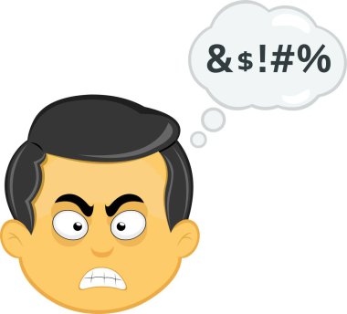 vektör illüstrasyonu sarı emoji karakteri erkek, kızgın ifade bulutlu düşünce ve aşağılayıcı metin