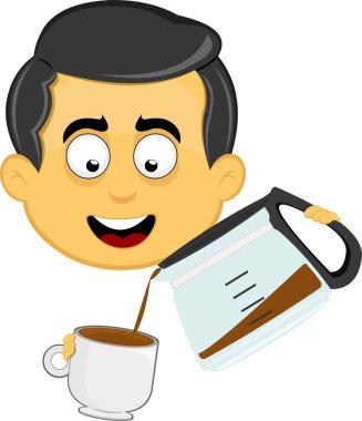 vektör illüstrasyonu sarı emoji karakteri erkek, kahve makinesi veya kahve sürahisi ile bir fincana dökülüyor.