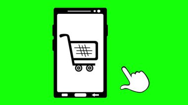 video animasyonu siyah beyaz simge elle tuşuna basın bir cep telefonu aygıtı üzerinde online alışveriş arabası, yeşil krom anahtar arka planı