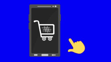 video animasyon sarı el basma düğmesi bir cep telefonu aygıtı üzerinde online alışveriş arabası, mavi renkli anahtar arka plan