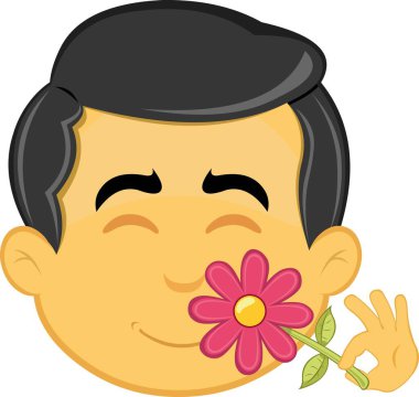 Sarı emoji sembolü erkek, taç yapraklı bir çiçeğin kokusunu alıyor.