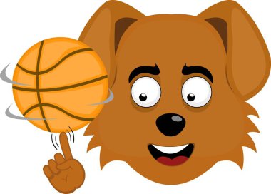 Vektör illüstrasyon emoji karakter yüz köpek çizgi filmi, bir basketbol sporu elinin parmağında dönen