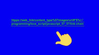 video animasyonu sarı el basma web sitesi metin linki simgesi konsepti, mavi renkli anahtar arkaplan