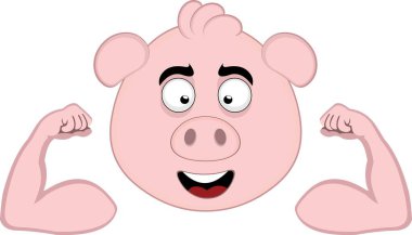 Vektör illüstrasyon emoji karakter yüz domuz çizgi filmi, kolların pazılarını gösteriyor