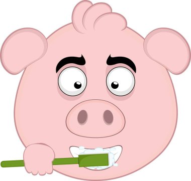 Vektör çizimi emoji karakteri domuz suratlı, dişlerini diş fırçasıyla fırçalıyor.