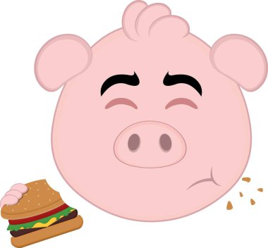 Vektör illüstrasyon emoji karakter yüz domuz çizgi filmi, hamburger yiyor
