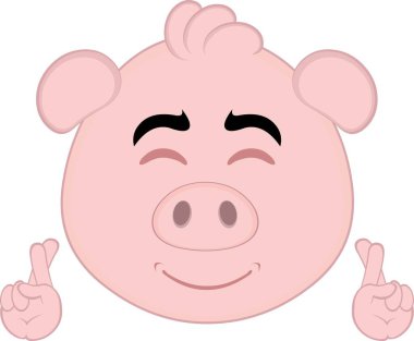 Vektör illüstrasyon emoji karakteri domuz suratlı çizgi film, ellerini çapraz, bir dilek ya da iyi şanslar dileyin