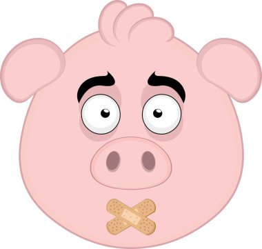 Vektör illüstrasyon emoji karakteri domuz suratlı çizgi film, ağzında yapışkan şeritler ile sessiz kalma ya da çeneni kapatma kavramı