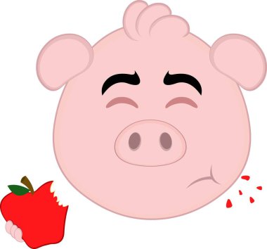 Vektör illüstrasyon emoji karakteri, domuz suratlı, kırmızı elma meyvesi yiyen