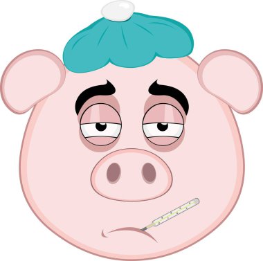 Vektör illüstrasyon emoji karakteri domuz suratlı, ağzında termometre ve kafasında bir torba suyla hasta.