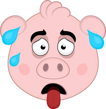 Vektör illüstrasyon emoji karakteri domuz suratlı çizgi film, dili dışarı çıkmış ve kafasında ter damlaları var.