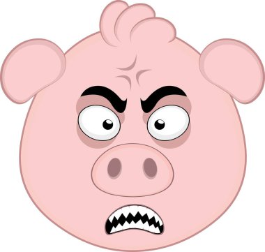vektör illüstrasyon emoji karakteri yüz domuz çizgi filmi, kafasında damarı ve keskin dişleri olan öfke ifadesi