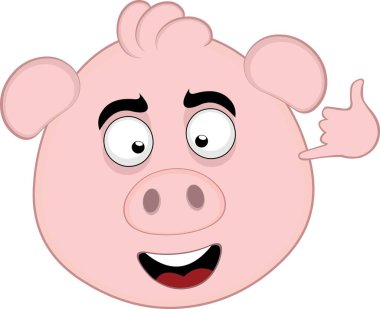 Vektör illüstrasyon emoji karakteri domuz suratlı çizgi film, beni telefonla arıyor ya da eliyle el sallıyor.