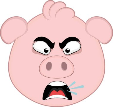 Vektör illüstrasyon emoji karakter yüz domuz çizgi filmi, kızgın bir ifade ile, konuşma ve çığlık