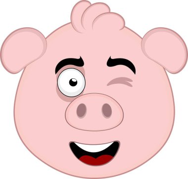 Vektör illüstrasyon emoji karakter yüz domuz çizgi film, neşeli bir ifade ve göz kırpma
