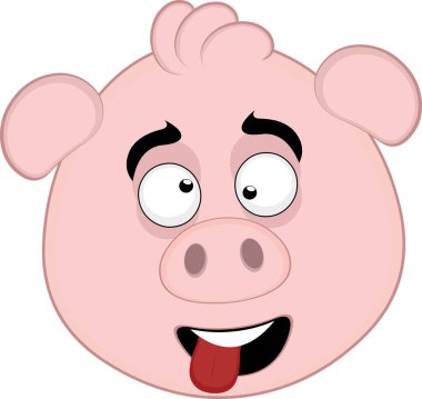 Vektör illüstrasyon emoji karakteri domuz suratlı, çılgın ve komik ifadeler sergiliyor, şaşı gözleri ve dili dışarı fırlamış.
