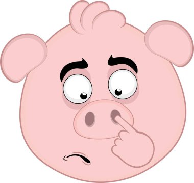 Vektör illüstrasyon emoji karakter yüz domuz çizgi filmi, burnunu karıştırıyor parmak elinle sümük arıyor.