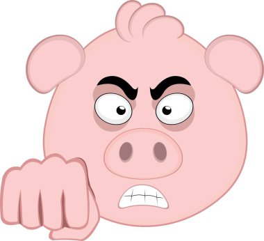 Vektör illüstrasyon emoji karakteri domuz suratlı, kızgın bir ifade ve yumruk tokuşturma ile