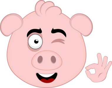 Vektör illüstrasyon emoji karakter yüz domuz çizgi film, göz kırpma ve onun el ile tamam veya mükemmel bir jest yapıyor