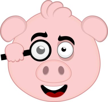 Vektör illüstrasyon emoji karakter yüz domuz çizgi filmi, büyüteçle izliyor