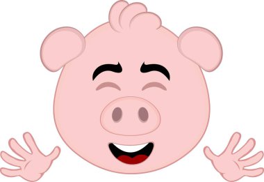 Vektör illüstrasyon emoji karakteri, el sallayan el hareketleriyle domuz suratlı çizgi film.