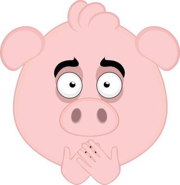Vektör illüstrasyon emoji karakteri domuz suratlı, elleriyle ağzını kapatıyor, sessiz kalma ya da sessiz kalma kavramında.