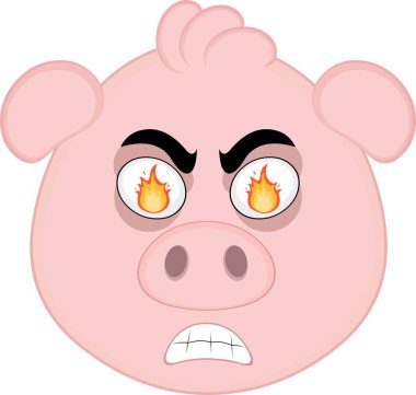 Vektör illüstrasyon emoji karakteri domuz çizgi filmi, öfkeli bir ifade ve gözlerinde ateş alevi ile