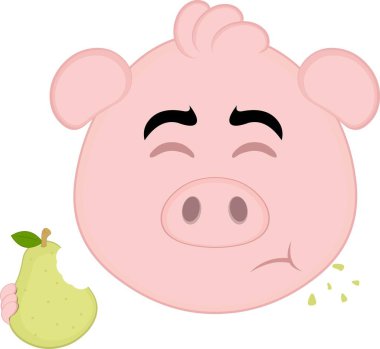 Vektör illüstrasyon emoji karakteri domuz suratlı, armut meyvesi yiyen