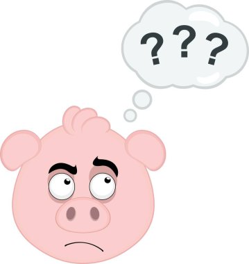 Vektör illüstrasyon emoji karakteri domuz suratlı, şüpheli bir ifade ve soru işaretli düşünce bulutu ile