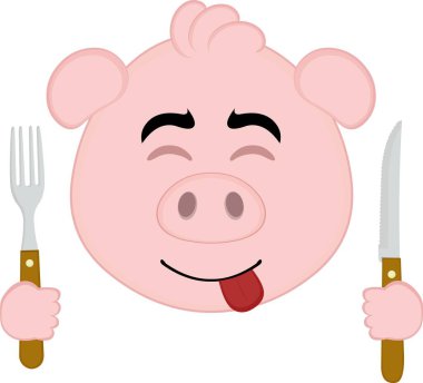 Vektör illüstrasyon emoji karakteri yüz domuz suratlı, elinde çatal ve bıçakla ne kadar lezzetli bir ifade.