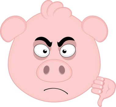 Vektör illüstrasyon emoji karakter yüz domuz karikatürü, başparmağıyla onaylanmamış ya da onaylanmamış kavramına işaret ediyor