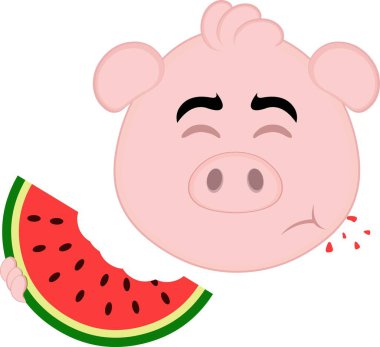 vektör çizimi emoji karakteri domuz suratlı, karpuz meyvesi yiyen