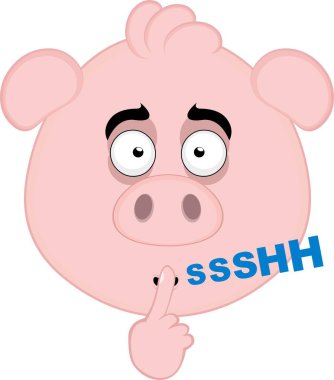 Vektör illüstrasyon emoji karakteri domuz suratlı çizgi film, elinin işaret parmağıyla sessizlik istiyor