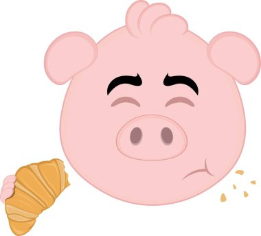 Vektör illüstrasyon emoji karakteri domuz suratlı, pastane kruvasanı yiyor.