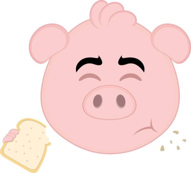 Vektör çizimi emoji karakteri domuz suratlı, bir dilim ekmek yiyor.