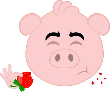 Vektör illüstrasyon emoji karakteri. Domuz suratlı, çilek yiyen.