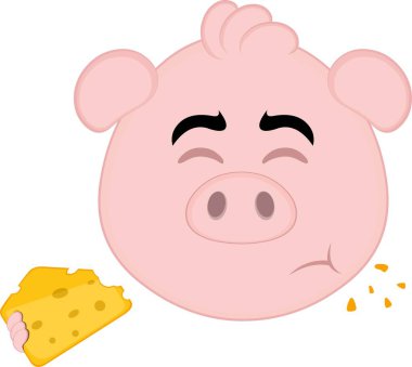 Vektör çizimi emoji karakteri domuz suratlı, bir parça peynir yiyor.