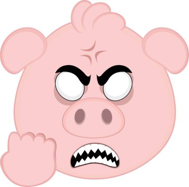 Vektör illüstrasyon emoji karakteri, kızgın ifade kavramına sahip beyaz gözlü, keskin dişli ve el intikam hareketli domuz çizgi filmi.