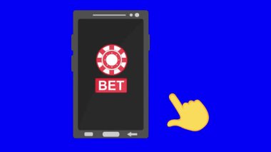 video animasyonu, cep telefonu aygıtı üzerine mavi renkli anahtar arka planındaki el düğmesine basar