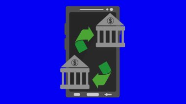 video animasyon simgesi mavi renkli anahtar arka planda cep telefonu aygıtı konseptinden çevrimiçi banka hesabı aktarımı