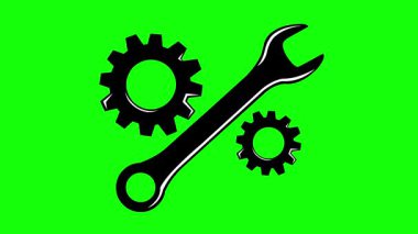 Video animasyonu siyah beyaz simge anahtarı ve makine mühendisliği veya onarım konseptinde dönen dişliler, yeşil krom anahtar arka planda