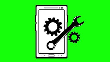 Siyah beyaz simge çizen video animasyonu veya yeşil krom anahtar arka planda cep telefonu aygıtını onarma veya restore etme